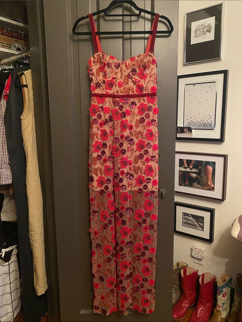 For Love and Lemons Beatrice Red Floral Embroidered Sheer Maxi Dress